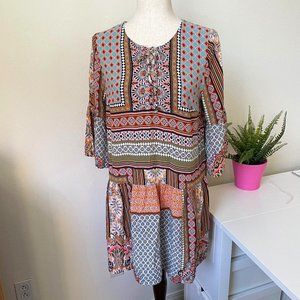 Tu Woman's Boho Layered Just Above Knee Tulip Sleeve Colorful Flouncy Dress